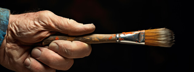 The artist's hand holds a paint brush