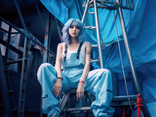 Fototapeta na wymiar Modern young Asian woman with vibrant blue dyed hair and blue overalls, striking a pose on the rooftop of an industrial setting.