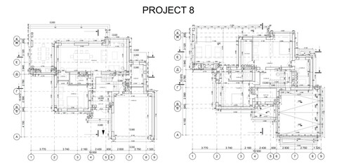 Detailed architectural two story private house blueprints and drawings. Vector illustration
