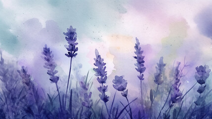 Watercolor lavender flowers on watercolor background. Hand drawn illustration generative ai