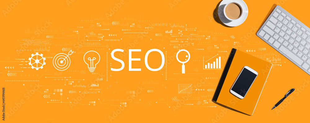 Poster seo concept with a computer keyboard and office items