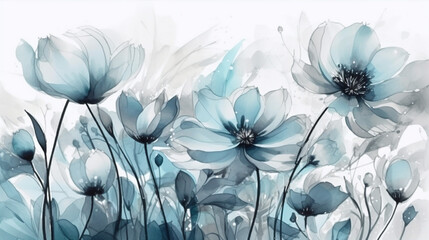 Blue flowers watercolor illustration. Floral background for your design. generative ai
