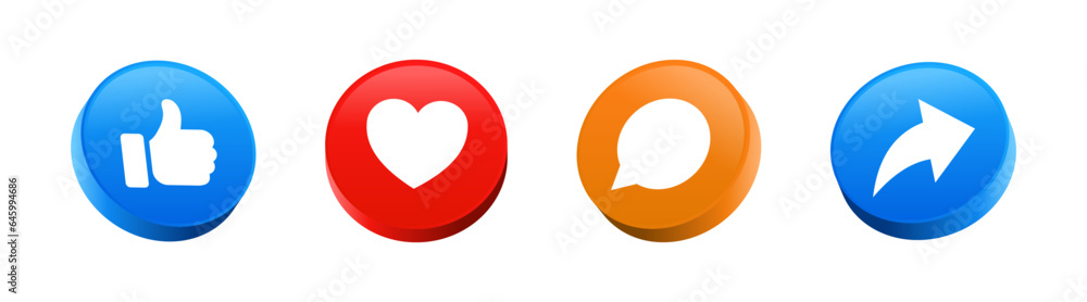 Poster 3d like, comment, share icon button. social media notification icons set in 3d modern style , heart 