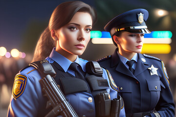 2 two Police Women in american uniform and partner next to each other. female Caucasian and latino hispanic police officers with gun stand against urban background. night patrol. couple of policewomen - obrazy, fototapety, plakaty