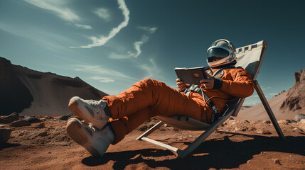 an astronaut on a deck chair enjoys the view of the planet Mars