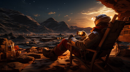 an astronaut on a deck chair enjoys the view of the planet Mars