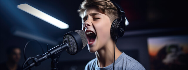 Young boy singing against a dark background with dimmed lights