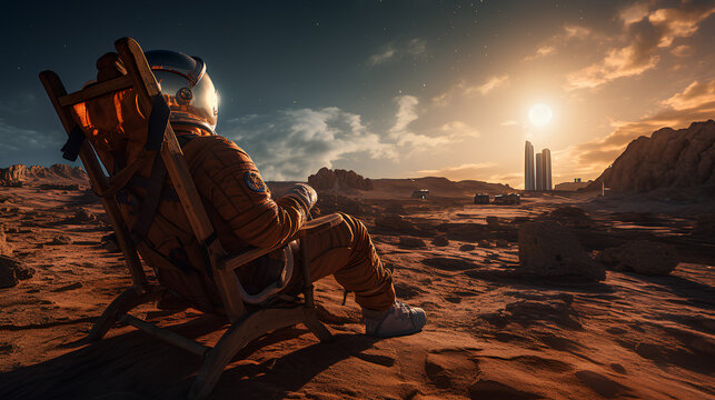 an astronaut on a deck chair enjoys the view of the planet Mars