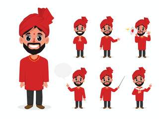 Indian Gujarati man traditional dress. Character in difference pose on a white background.