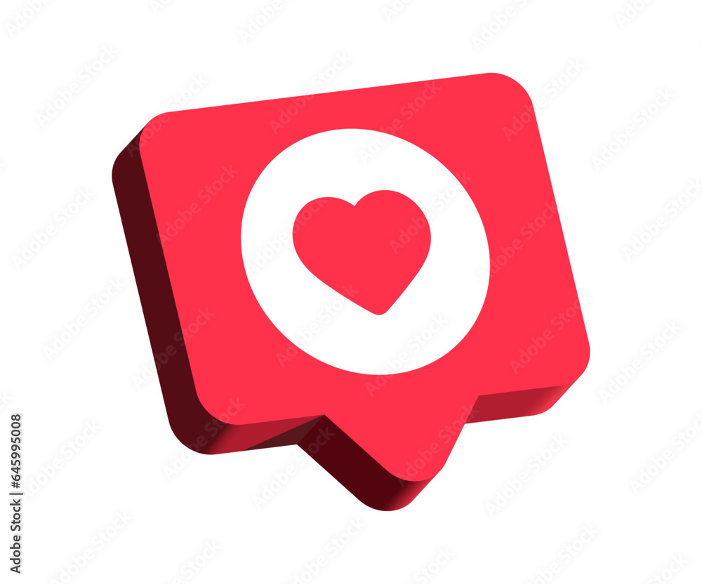 Poster 3d Like and love icon button in speech bubble. heart icon in modern 3d chat bubble shapes , Social media notification icons. emoji post reactions set. Vector illustration