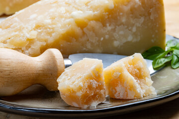 Cheese collection, hard yellow Italian cheese parmesan or parmigiano reggiano