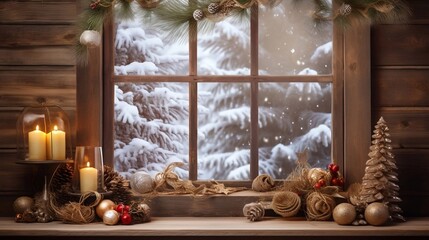 Decorated Christmas room with beautiful fir tree near the window