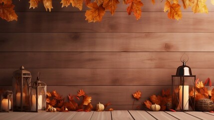 Autumn Display Decoration Background with Autumn Leaves on Wood Wall