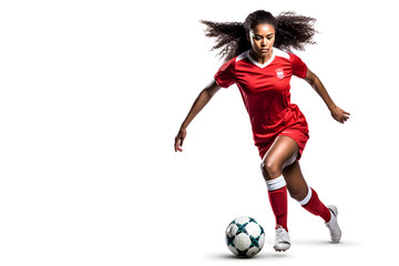 Female football player playing football, Woman soccer player in jersey dribbling the ball isolated on white background, Generative AI