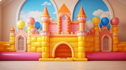 Bouncy castle and empty space for mockup presentation with Children's holiday