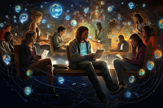 Group of people using tablet pc and social media concept on dark background, digital networking, digitization, social networking, illustration