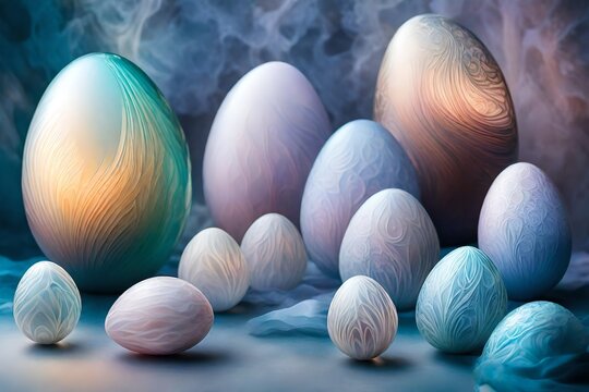 beautiful translucent  frosted egg, , nebule space atmosphere  backround  no cut off, highly translucent, muted translucent pastels, Lalique,