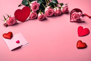Pink roses flowers with gift card and red paper heart on pink background. Space for text. Holiday concept