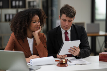 Judge gavel with Justice lawyers having team Concepts of Law and Legal services