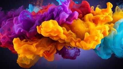Obraz premium Bright orange and deep purple smoke clouds mix together with blue, effects. Abstract colorful smoke background concept. Render of beautiful multicolored cloud splashes. 3D rendering. AI generated. .