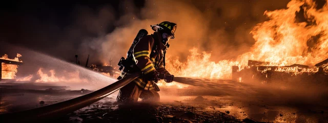 Gordijnen Portrait of a firefighter in equipment. Firemen using water from hose for fire fighting. © MP Studio