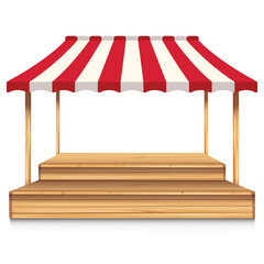 Wooden market stall with red and white striped awning isolated on white background.
