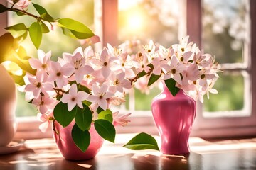 extreme closeup view of jasmine flowers , present in pink vase  , near the open window , sun rays are also present
