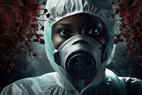 Scientist Doctor in Hazmat Suit and Mask Surrounded by Virus, Protection, Contagions, COVID, Flu, Outbreak, Ebola, African American Man, Woman, Generative AI