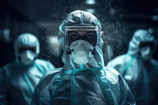 Scientist Doctor in Hazmat Suit and Mask, Virus Protection, Contagions, COVID, Flu, Outbreak, Ebola, African American Man, Woman, Generative AI
