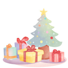 A pastel cute Christmas tree with the present and  ball lights by watercolor technique. Vector illustrations drawings.