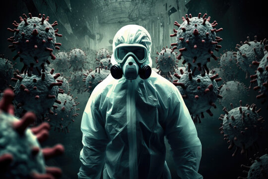 Scientist Doctor in Hazmat Suit and Mask, Surrounded by Virus, Protection, Contagions, COVID, Flu, Outbreak, Ebola, Person, Generative AI