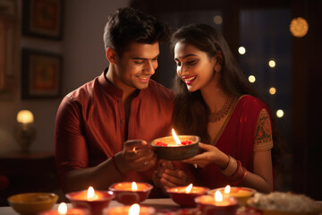 Young indian couple holding oil lamp in hand and celebrate diwali festival.