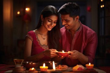 Young indian couple holding oil lamp in hand and celebrate diwali festival.
