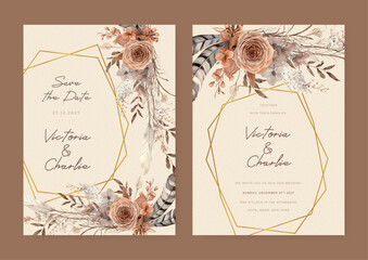 Brown white and beige modern wedding invitation template with flora and flower