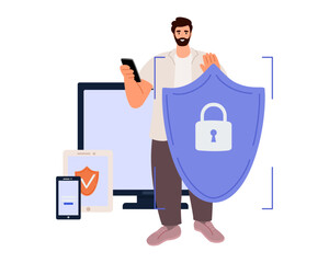 Cyber safety cyber security and privacy concept. Man holding online protection shield as symbol of defense and secure. Person defending and protecting data. Vector illustration.