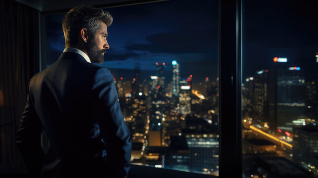 Business Man Standing In The Office Watching The Modern City Night View