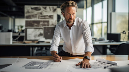 Male architect stands in an office in front of a desk with various architectural projects