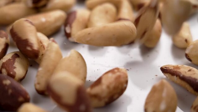 Raw Brazil nuts falling on a white ceramic plate in slow motion close up. Dietary healthy snack