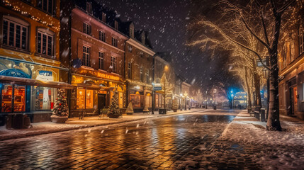 Fototapeta na wymiar Under glowing streetlights, a snowy cityscape mesmerizes. Buildings with twinkling lights frame a vibrant Christmas tree, while cobblestone streets invite new footprints. Generative AI