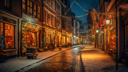 Fototapeta premium As dusk descends, Christmas lights turn a cobblestone street into an enchanting spectacle. A snow-clad walkway and ornate tree serve as backdrops for a lone dreamer and an audacious skateboarder. Dist