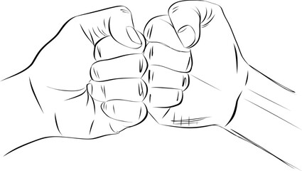 Fist bumping banner hand drawn with single line. Team work, partnership, friendship, friends, spirit hands gesture