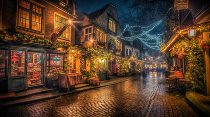 A magical winter night features a radiant Christmas tree at its heart, illuminating snow-covered, quaint streets. 