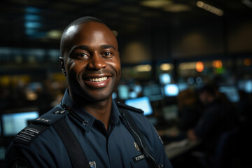 Young african male security guard in surveillance room