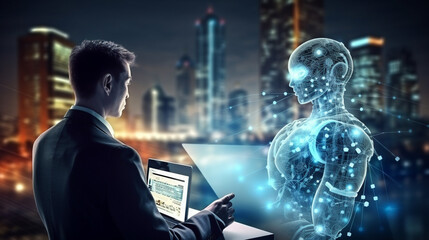 Futuristic artificial intelligent technology concept. Human use artificial intelligent AI robot technology  help improve work process big data analysis problem solving business planning Generative AI.