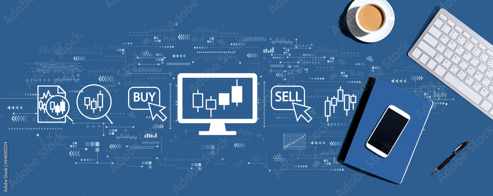 Poster stock trading theme with a computer keyboard and office items
