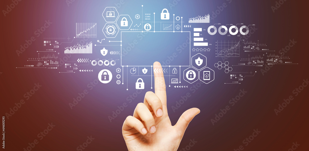 Poster cyber security theme with hand pressing a button on a technology screen