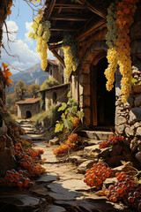 Fototapeta premium Grapes in the fall with a small barn, in the style of greg olsen, dark gold and yellow. AI generative