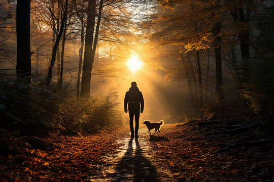 A man walking his dog along a leaf-strewn path in the woods