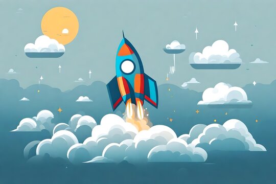 Space rocket flying toward the clouds believable rocket icon Having a successful company concept is a challenge. launching a fresh project start up concept