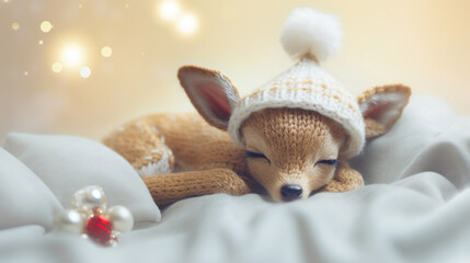 Cute white baby deer in santa hat sleeping on white sheet, Christmas blurred background